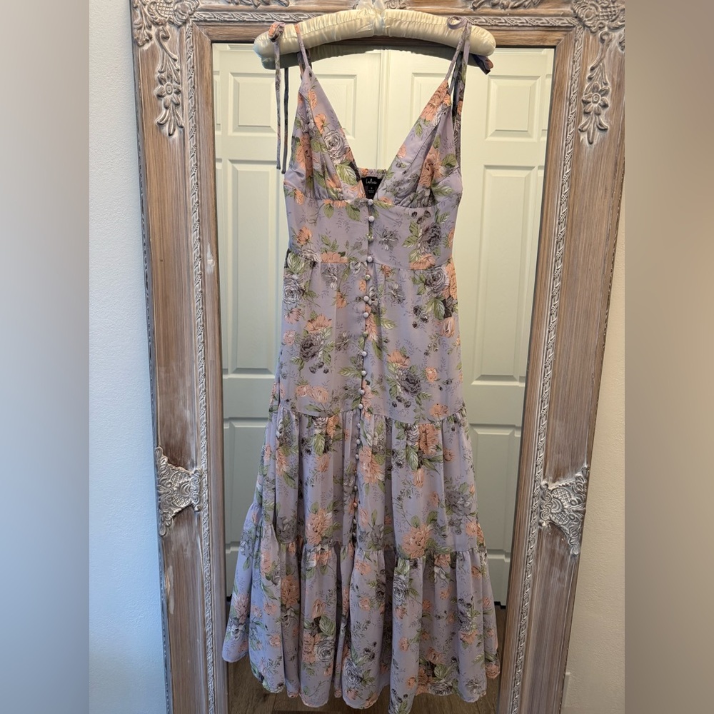 Lulu’s Lavender Floral Print Tie-Strap Midi Dress Size S